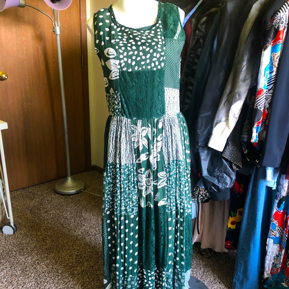 Green and white patchwork maxi dress